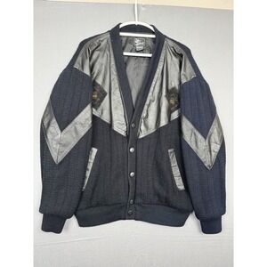 Vintage Alan Stuart Black Leather Knit Cardigan Sweater Mens Large 90s Cosby Y2K